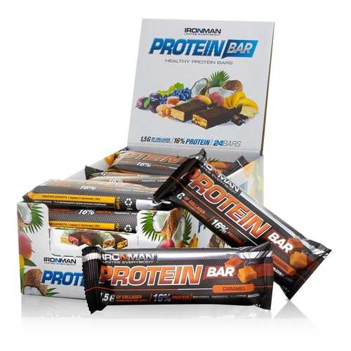 Батончик IRONMAN Protein Bar с коллагеном, 50г (Карамель/тёмная глазурь)(24шт) в Сплав